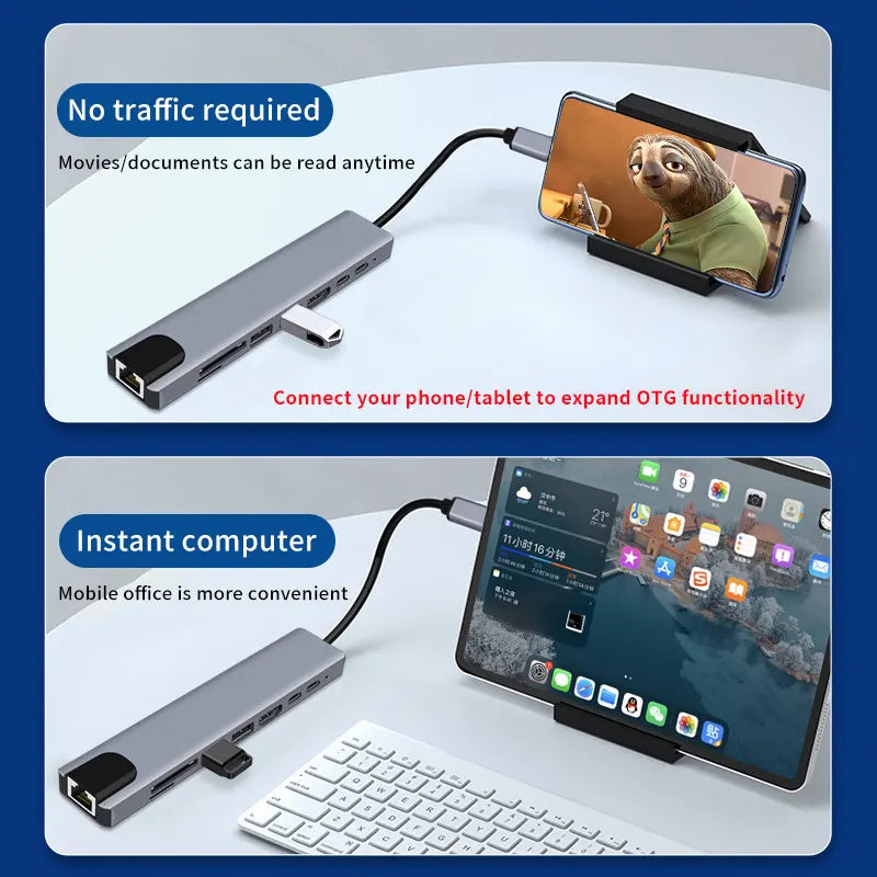 Hub Multiport For Laptop 8 In 1 - Usb C - Hub With Ethernet USB - Hub Hdmi SD/TF Card Reader - PD Fast Charging 1 Type C Usb Port